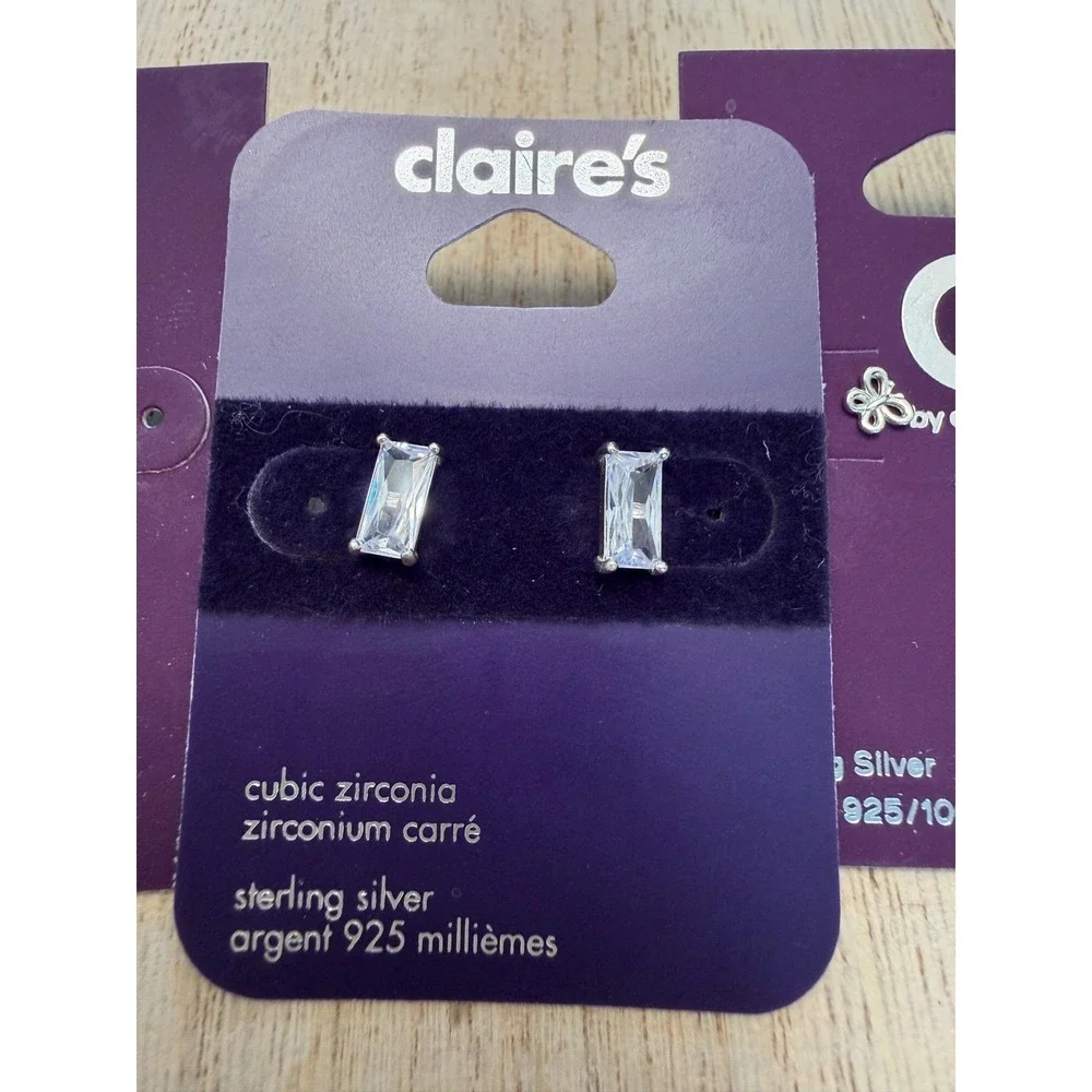 Claire's Luxe Butterfly & Baguette Cubic Zirconia Earrings‎ Sterling Silver NEW